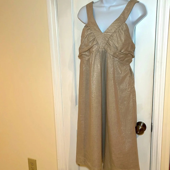 Vintage Linen Blend Dress Women12 Tan Gold Metallic Thread Sleeveless Baby Doll - Picture 1 of 17